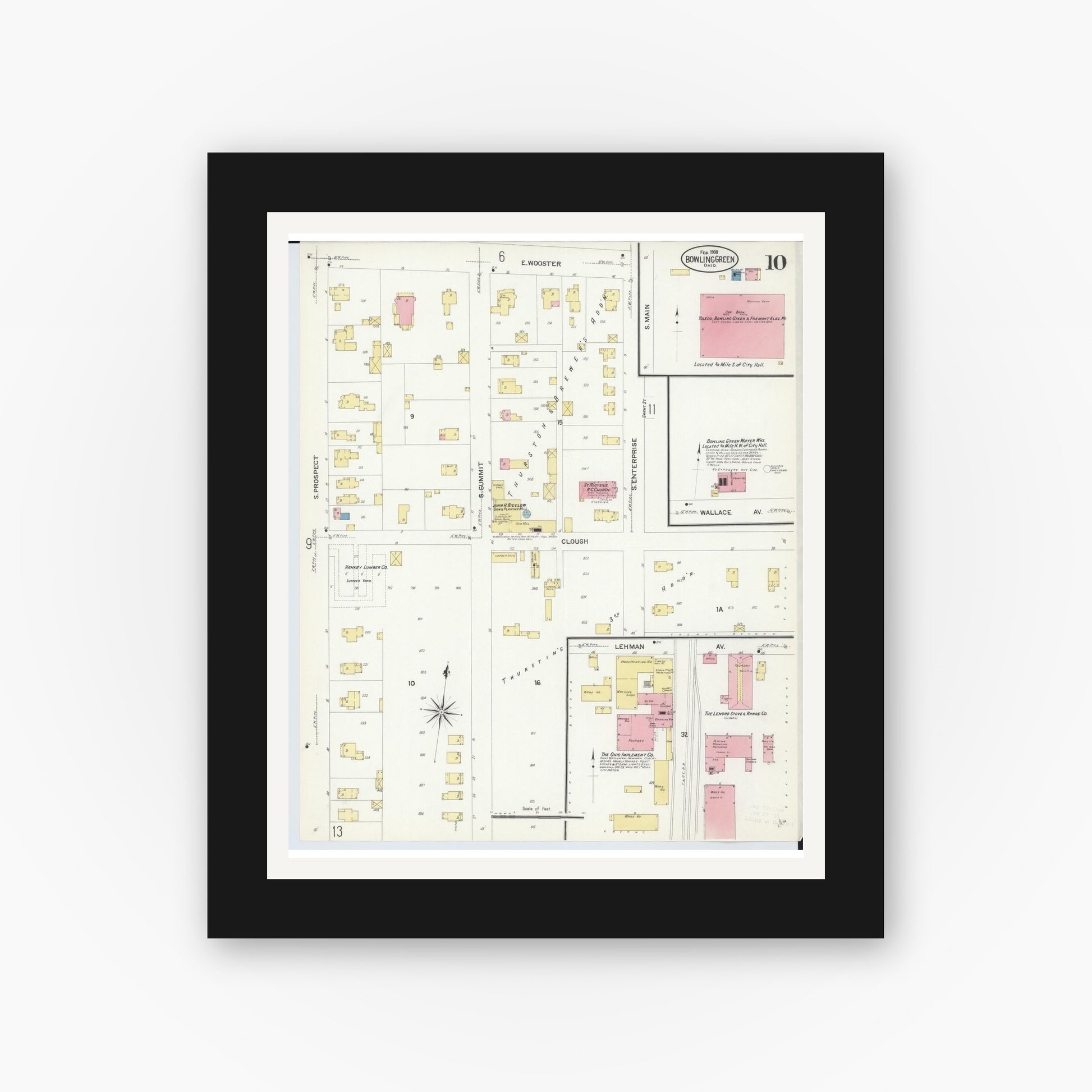 Old map wall art mockup — black gallery frame with white mat — Sanborn Fire Insurance Map from Bowling Green, Wood County, Ohio (1908), Sheet #0010