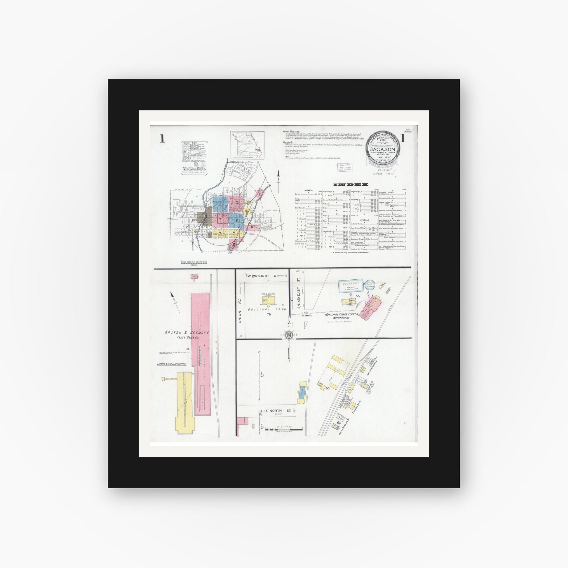 Old map wall art mockup — black gallery frame with white mat — Sanborn Fire Insurance Map from Jackson, Cape Girardeau County, Missouri (1931) - Complete Map Set