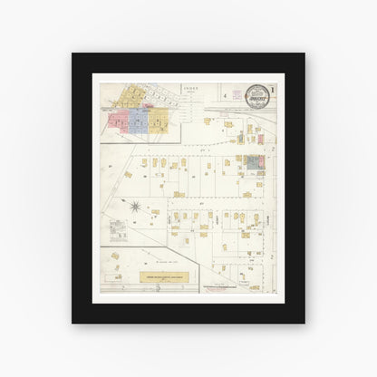 Old map wall art mockup — black gallery frame with white mat — Sanborn Fire Insurance Map from Arbuckle, Colusa County, California (1907), Sheet #0001