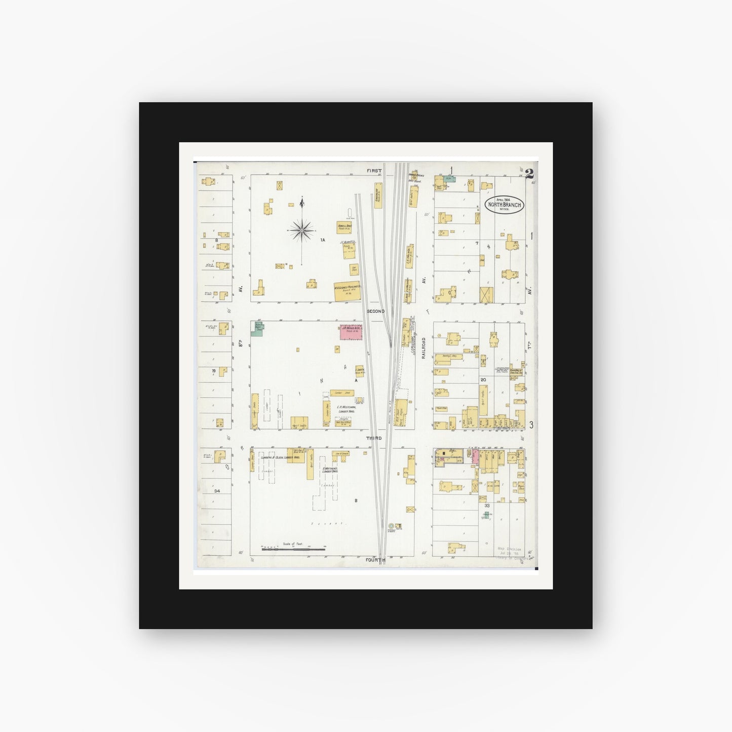 Old map wall art mockup — black gallery frame with white mat — Sanborn Fire Insurance Map from North Branch, Chisago County, Minnesota (1904), Sheet #0002