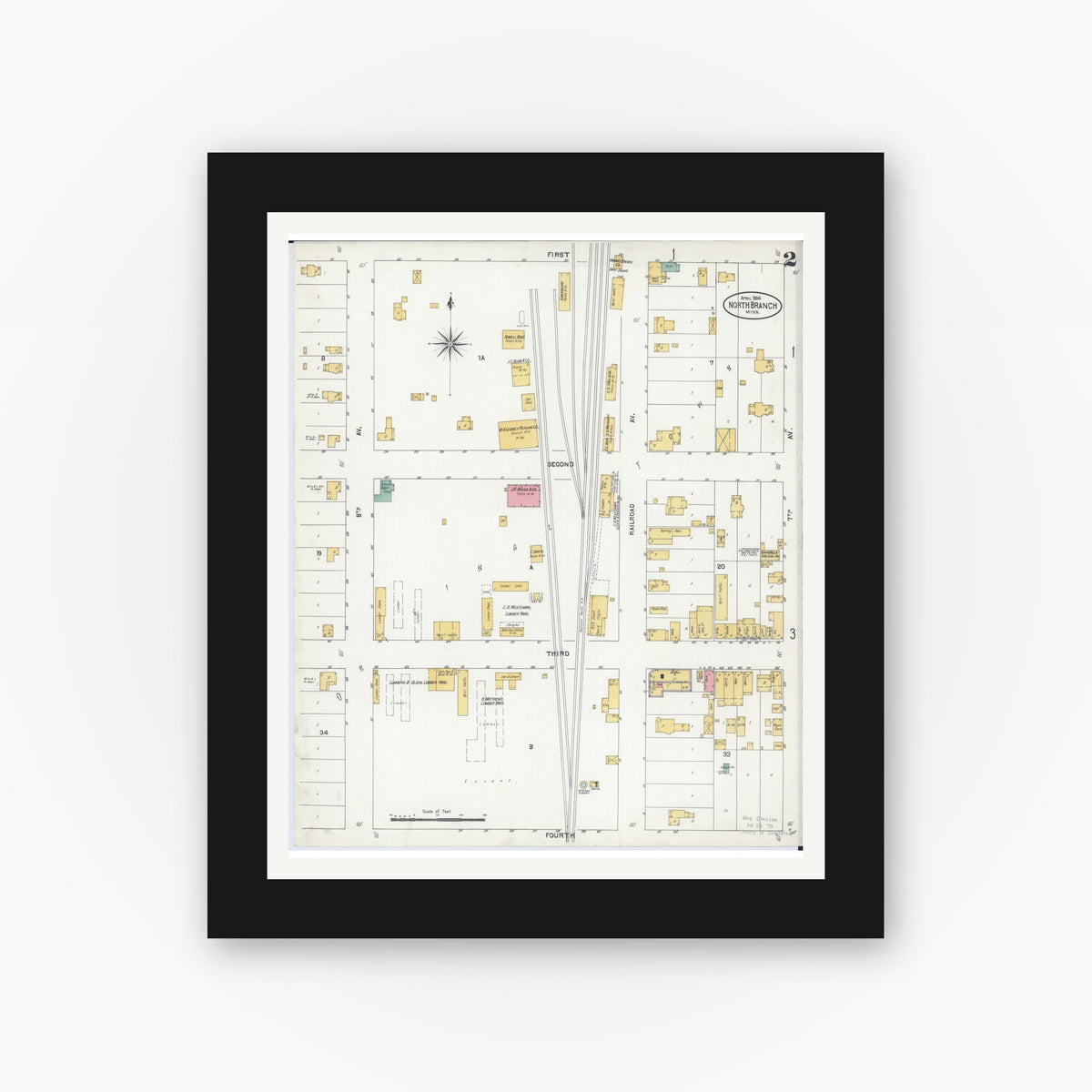 Old map wall art mockup — black gallery frame with white mat — Sanborn Fire Insurance Map from North Branch, Chisago County, Minnesota (1904), Sheet #0002