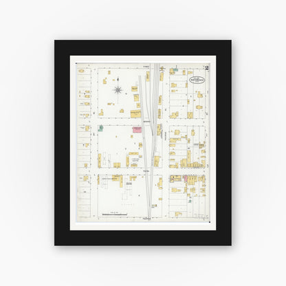 Old map wall art mockup — black gallery frame with white mat — Sanborn Fire Insurance Map from North Branch, Chisago County, Minnesota (1904), Sheet #0002
