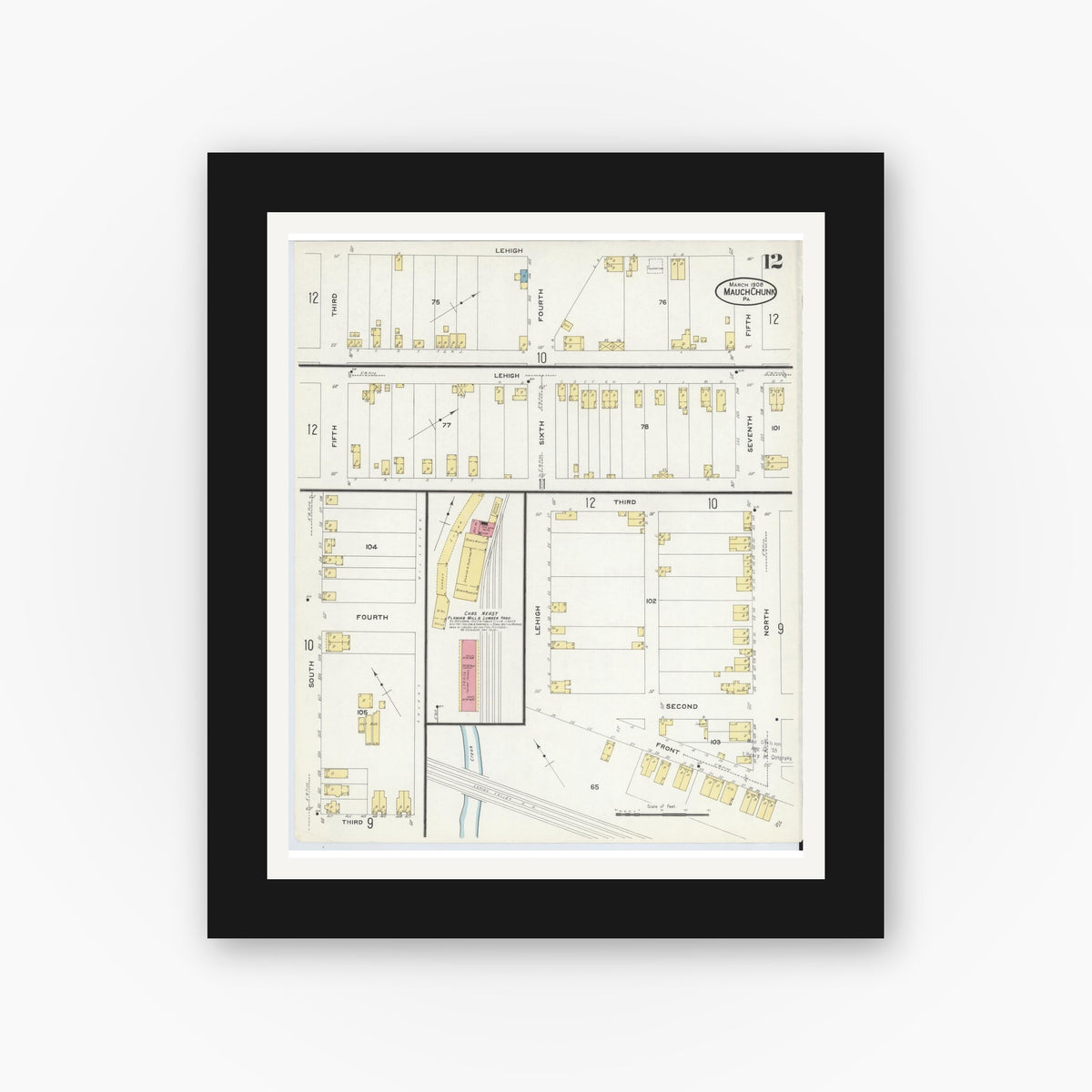 Old map wall art mockup — black gallery frame with white mat — Sanborn Fire Insurance Map from Mauch Chunk, Carbon County, Pennsylvania (1908), Sheet #0012