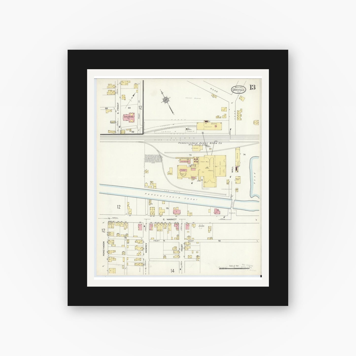 Old map wall art mockup — black gallery frame with white mat — Sanborn Fire Insurance Map from Danville, Montour County, Pennsylvania (1913), Sheet #0013
