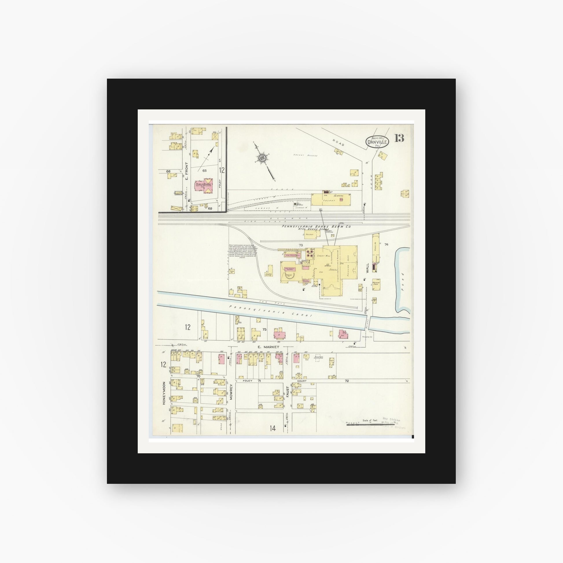Old map wall art mockup — black gallery frame with white mat — Sanborn Fire Insurance Map from Danville, Montour County, Pennsylvania (1913), Sheet #0013