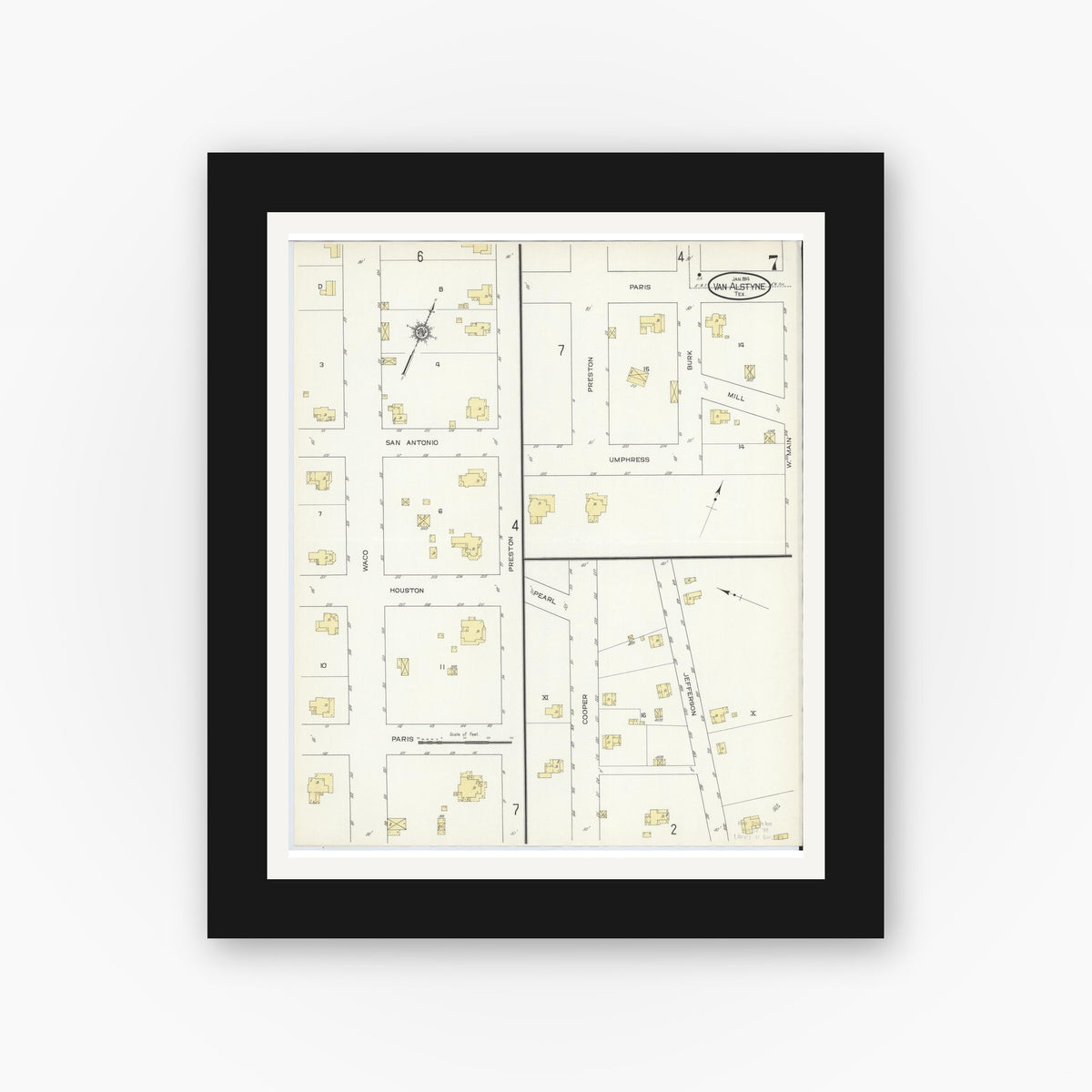 Old map wall art mockup — black gallery frame with white mat — Sanborn Fire Insurance Map from Van Alstyne, Grayson County, Texas (1914), Sheet #0007