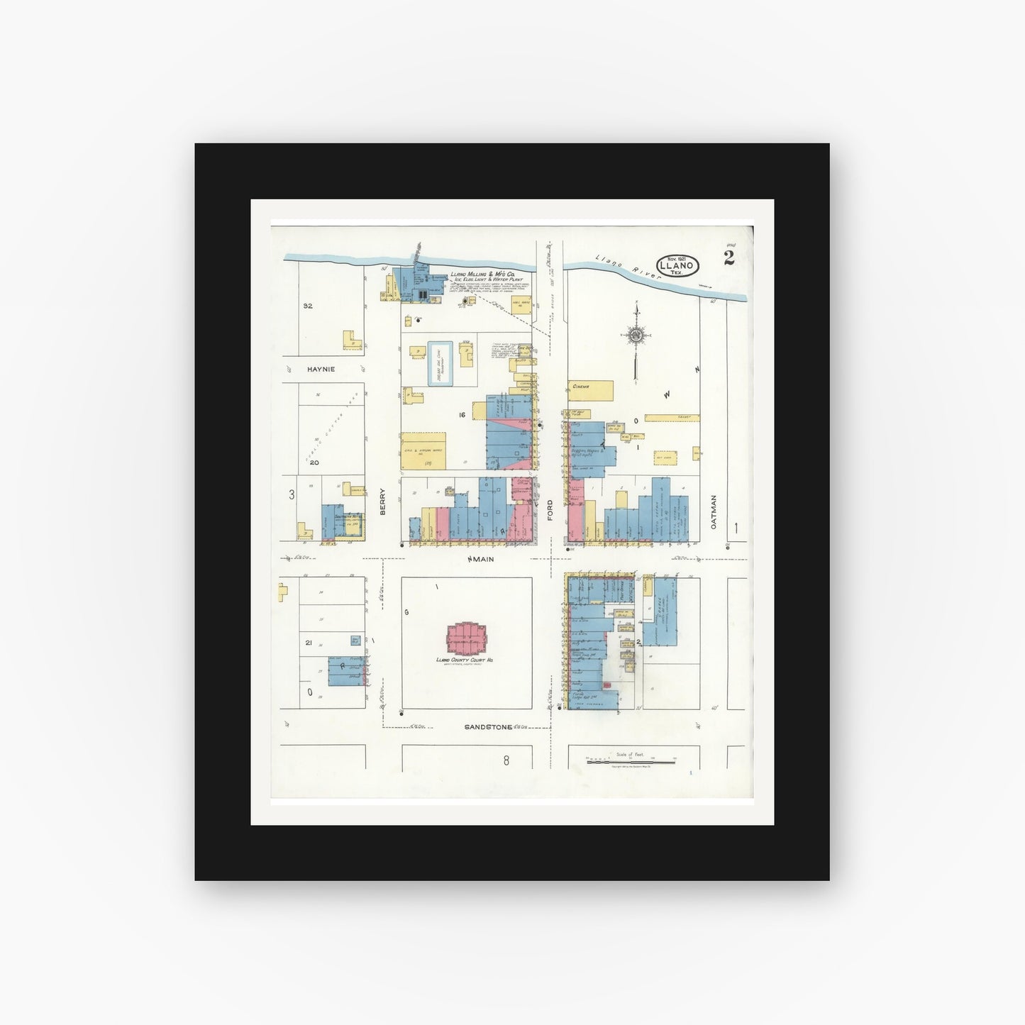 Old map wall art mockup — black gallery frame with white mat — Sanborn Fire Insurance Map from Llano, Llano County, Texas (1921), Sheet #0002