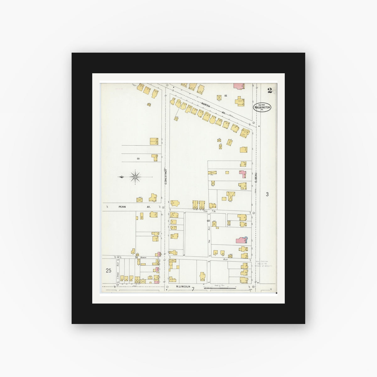 Old map wall art mockup — black gallery frame with white mat — Sanborn Fire Insurance Map from Washington, Washington County, Pennsylvania (1900), Sheet #0002