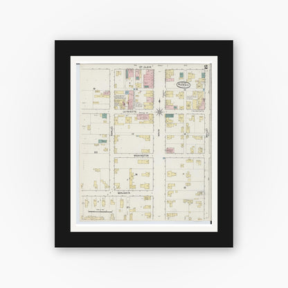Old map wall art mockup — black gallery frame with white mat — Sanborn Fire Insurance Map from Romeo, Macomb County, Michigan (1890), Sheet #0002