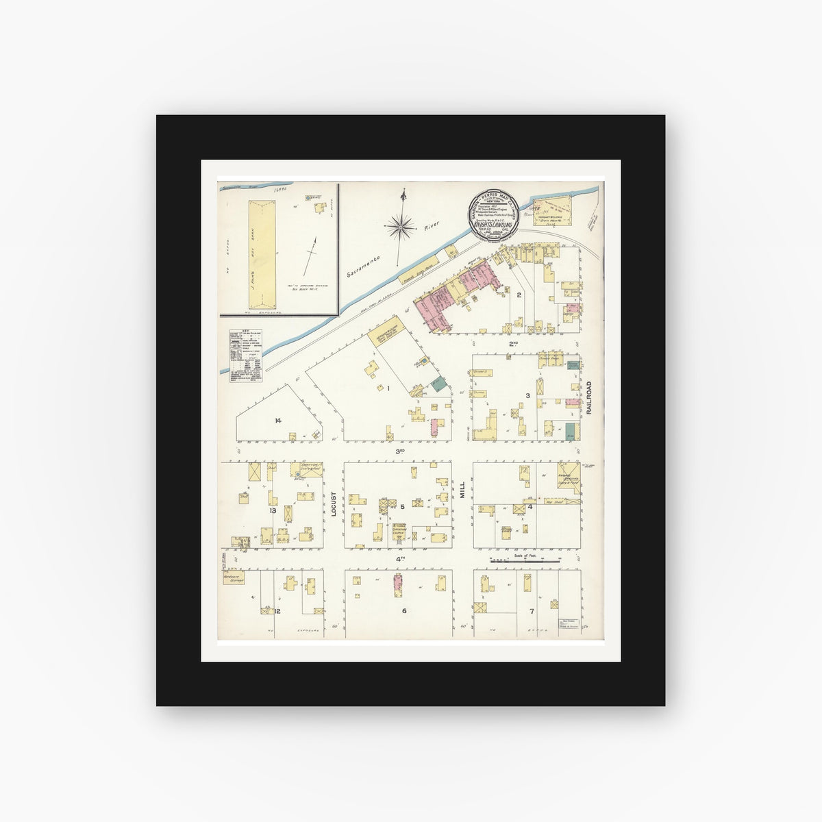 Old map wall art mockup — black gallery frame with white mat — Sanborn Fire Insurance Map from Knights Landing, Yolo County, California (1894), Sheet #0001