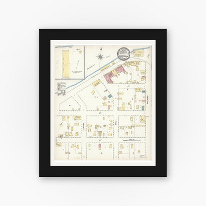 Old map wall art mockup — black gallery frame with white mat — Sanborn Fire Insurance Map from Knights Landing, Yolo County, California (1894), Sheet #0001