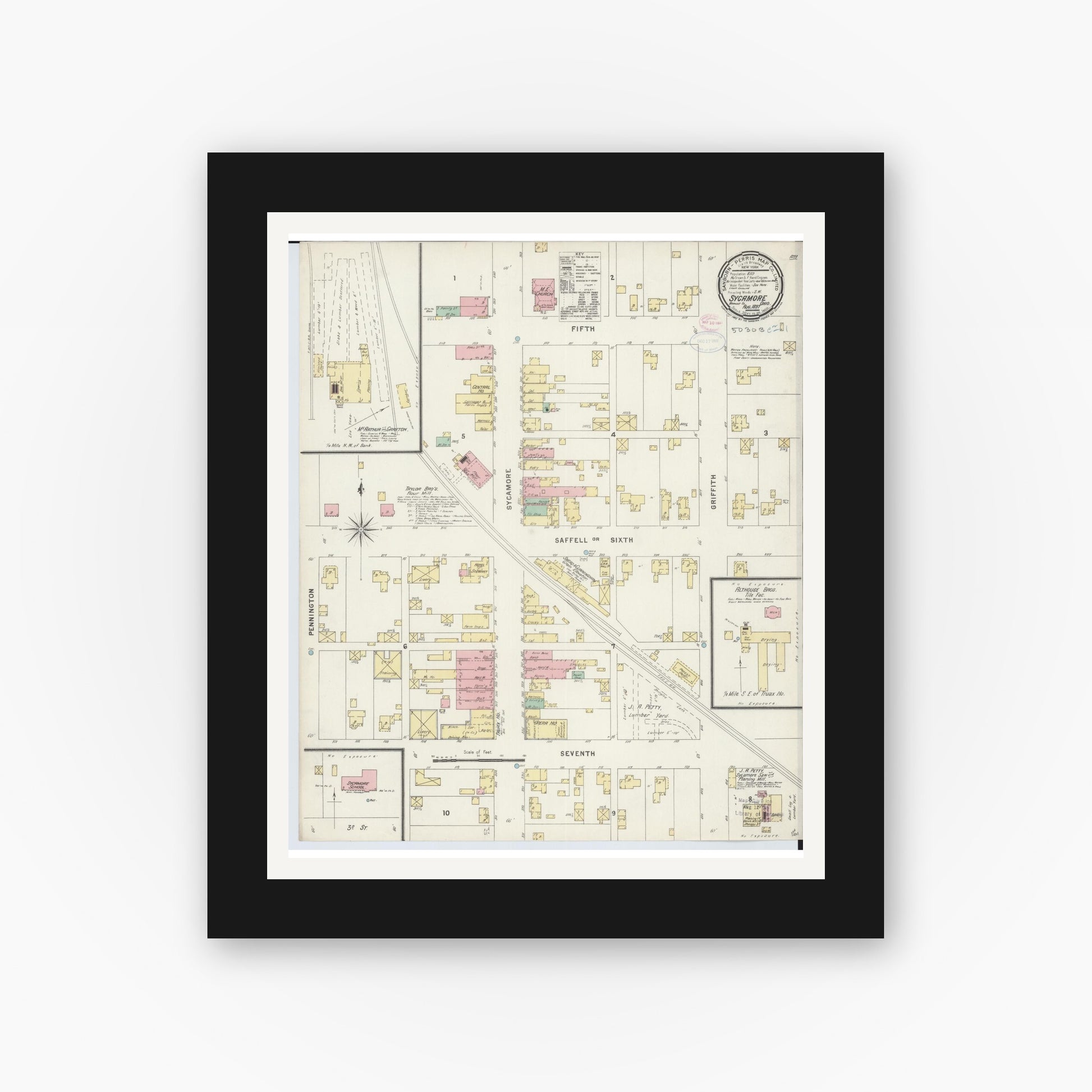 Old map wall art mockup — black gallery frame with white mat — Sanborn Fire Insurance Map from Sycamore, Wyandot County, Ohio (1897), Sheet #0001