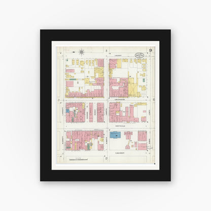 Old map wall art mockup — black gallery frame with white mat — Sanborn Fire Insurance Map from Raleigh, Wake County, North Carolina (1903), Sheet #0009