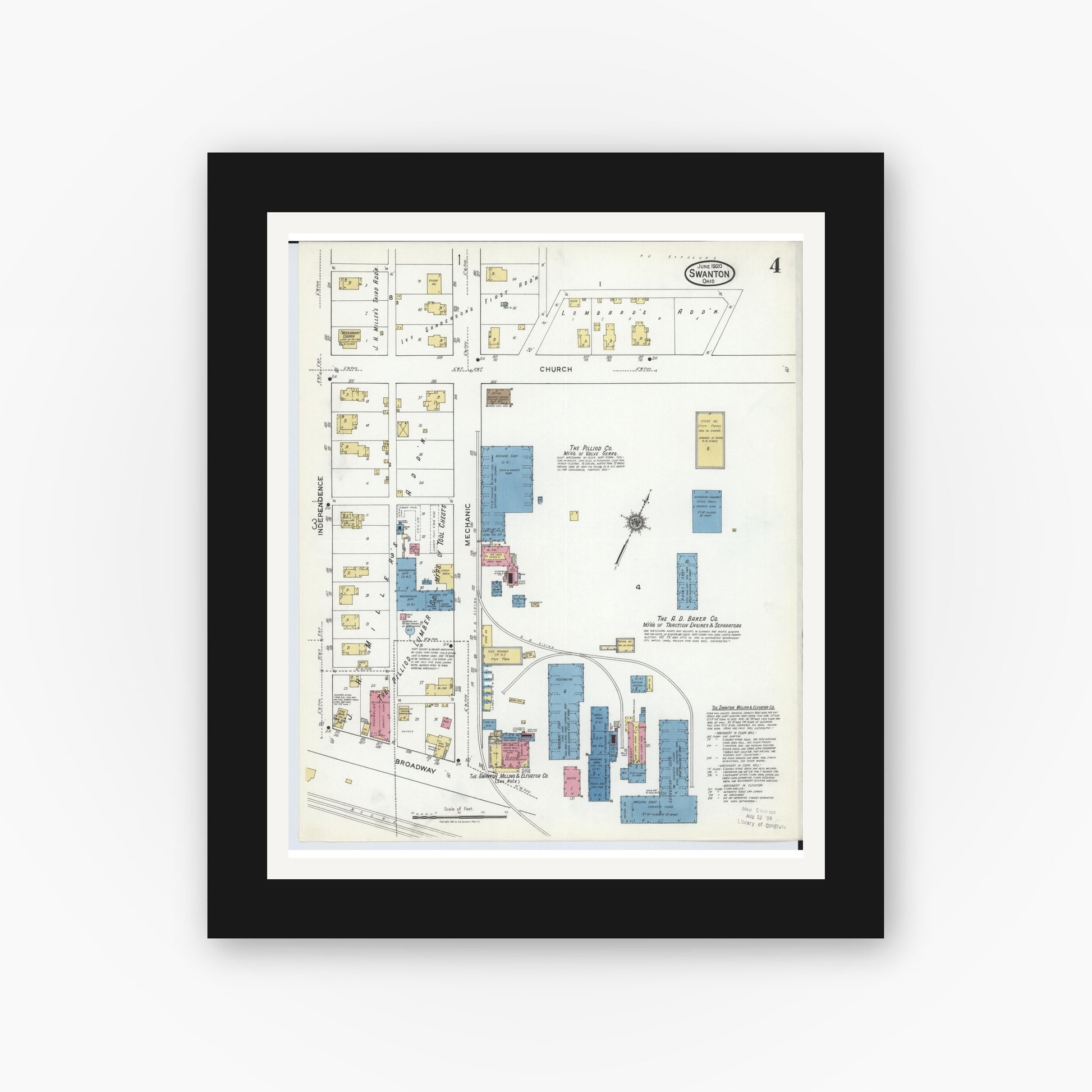 Old map wall art mockup — black gallery frame with white mat — Sanborn Fire Insurance Map from Swanton, Fulton County, Ohio (1920), Sheet #0004