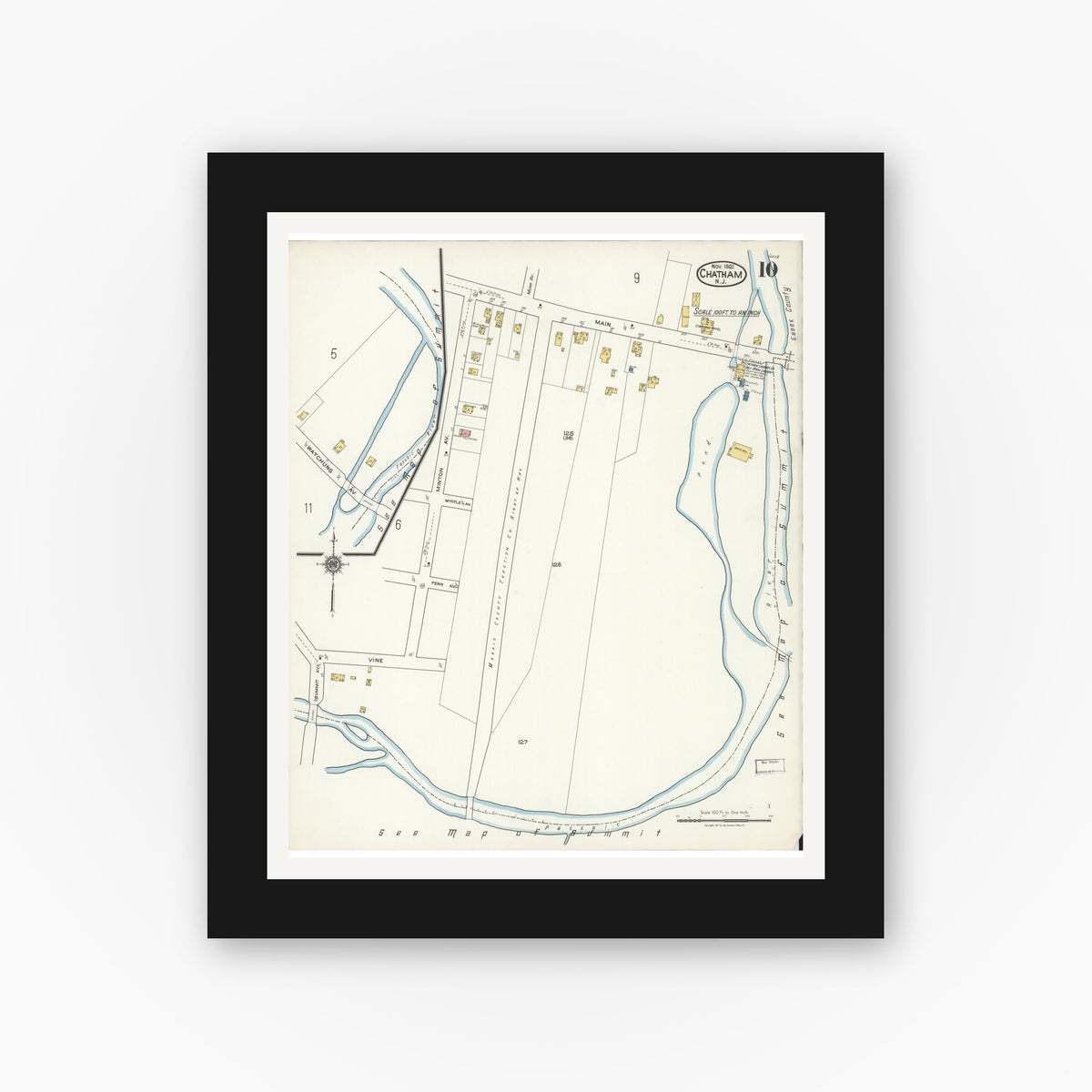 Old map wall art mockup — black gallery frame with white mat — Sanborn Fire Insurance Map from Chatham, Morris County, New Jersey (1921), Sheet #0010