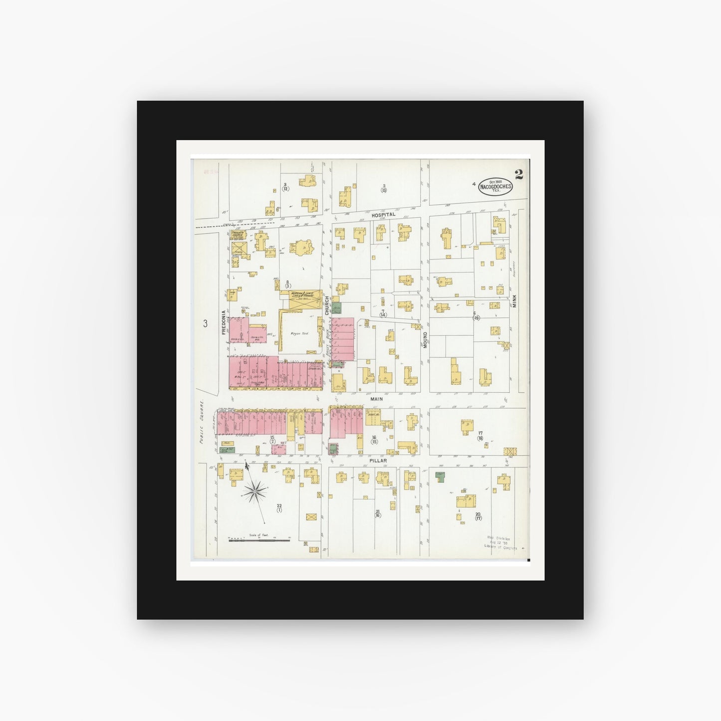 Old map wall art mockup — black gallery frame with white mat — Sanborn Fire Insurance Map from Nacogdoches, Nacogdoches County, Texas (1900), Sheet #0002