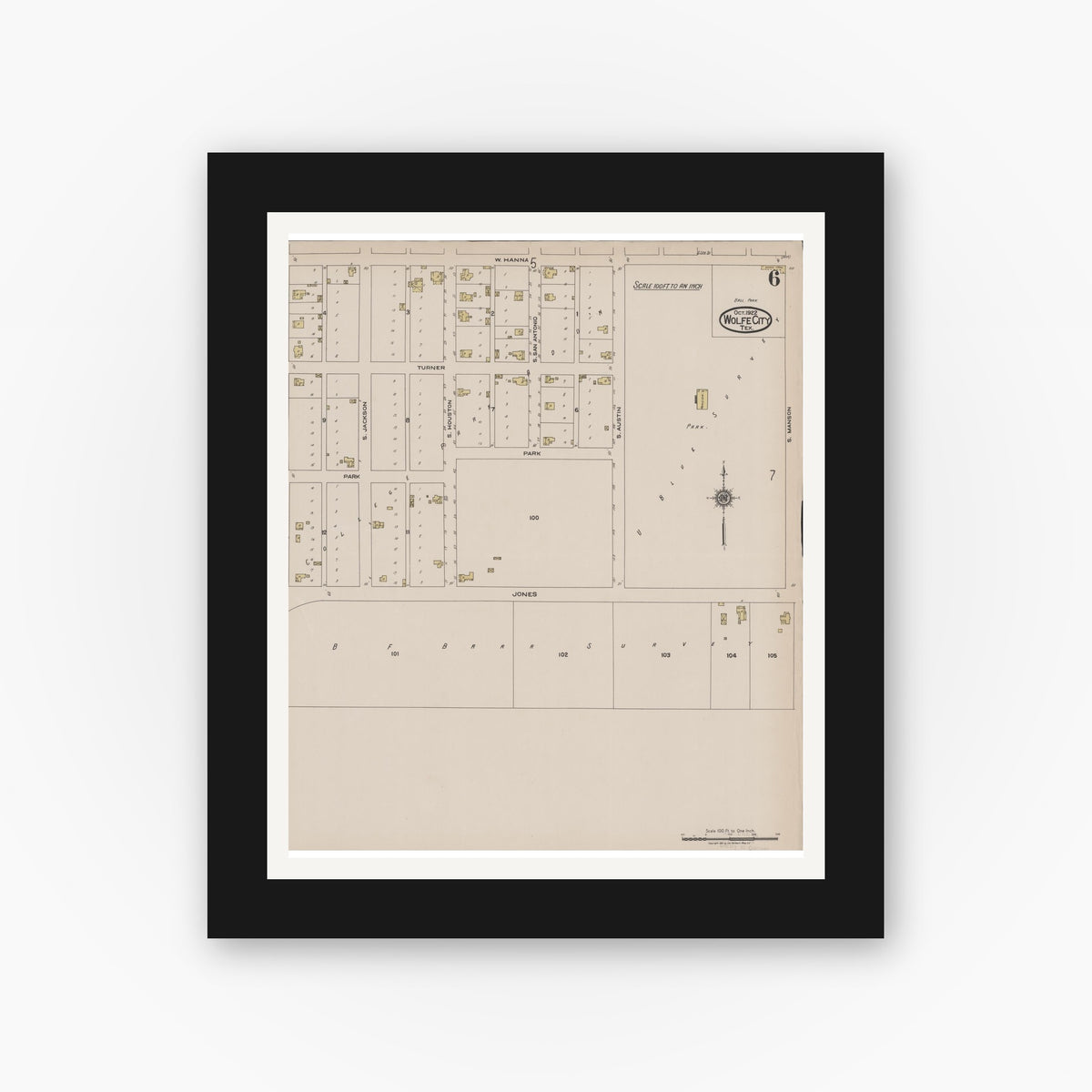 Old map wall art mockup — black gallery frame with white mat — Sanborn Fire Insurance Map from Wolfe City, Hunt County, Texas (1922), Sheet #0006