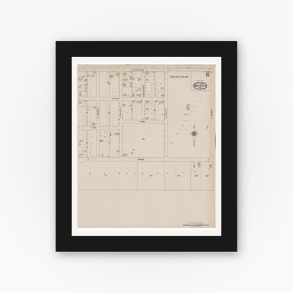 Old map wall art mockup — black gallery frame with white mat — Sanborn Fire Insurance Map from Wolfe City, Hunt County, Texas (1922), Sheet #0006