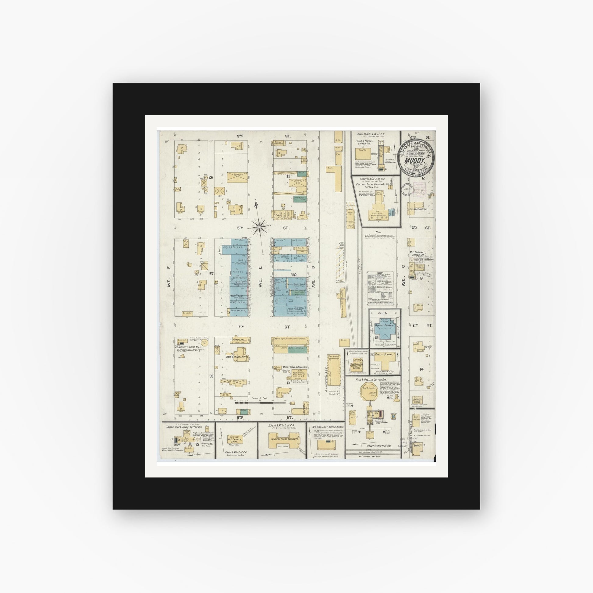Old map wall art mockup — black gallery frame with white mat — Sanborn Fire Insurance Map from Moody, McLennan County, Texas (1902), Sheet #0001