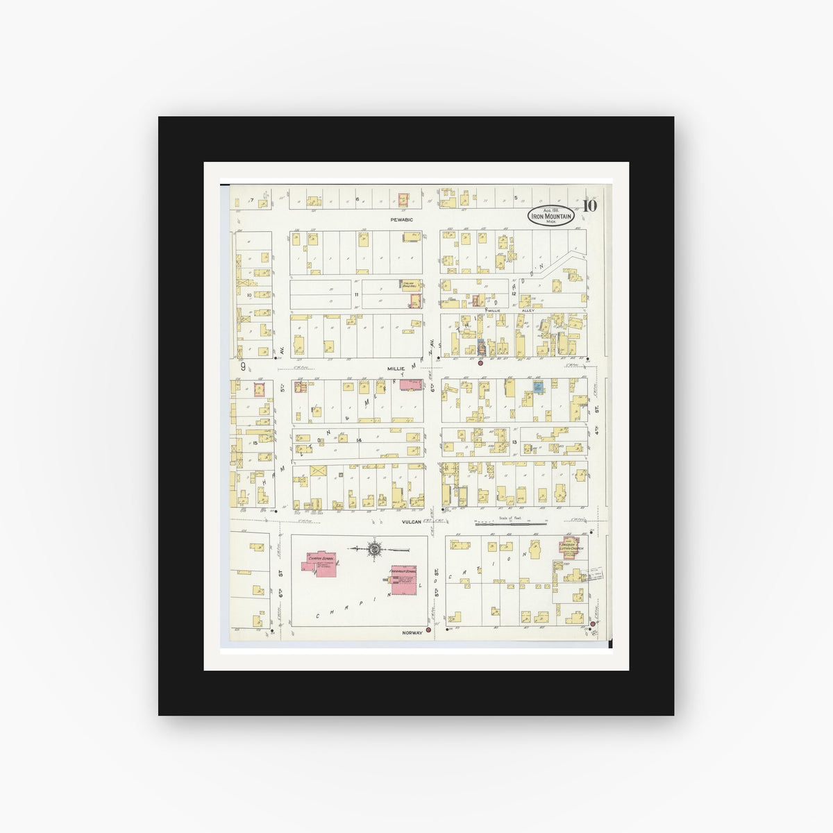 Old map wall art mockup — black gallery frame with white mat — Sanborn Fire Insurance Map from Iron Mountain, Dickinson County, Michigan (1911), Sheet #0010