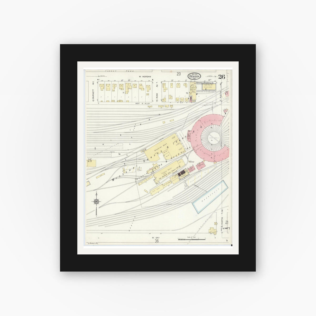 Old map wall art mockup — black gallery frame with white mat — Sanborn Fire Insurance Map from Denison, Grayson County, Texas (1914), Sheet #0026
