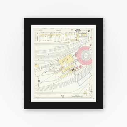 Old map wall art mockup — black gallery frame with white mat — Sanborn Fire Insurance Map from Denison, Grayson County, Texas (1914), Sheet #0026