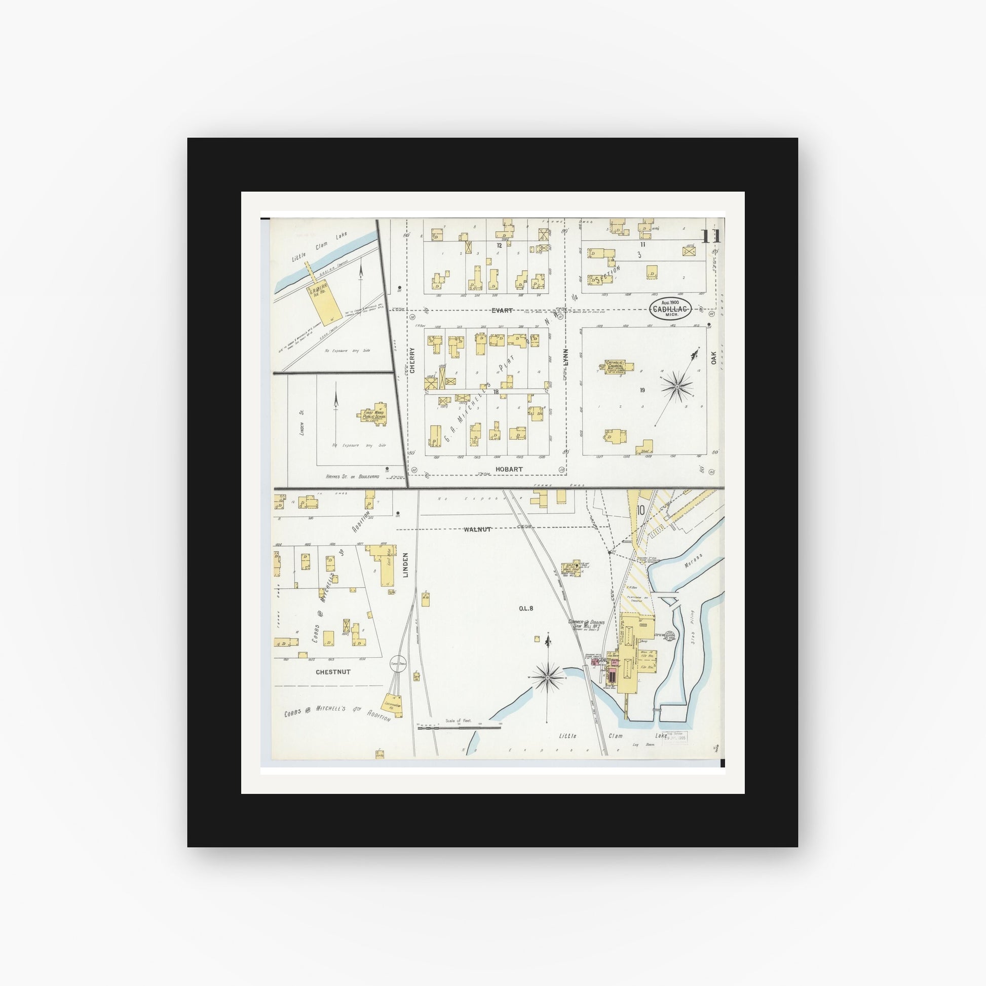 Old map wall art mockup — black gallery frame with white mat — Sanborn Fire Insurance Map from Cadillac, Wexford County, Michigan (1900), Sheet #0011