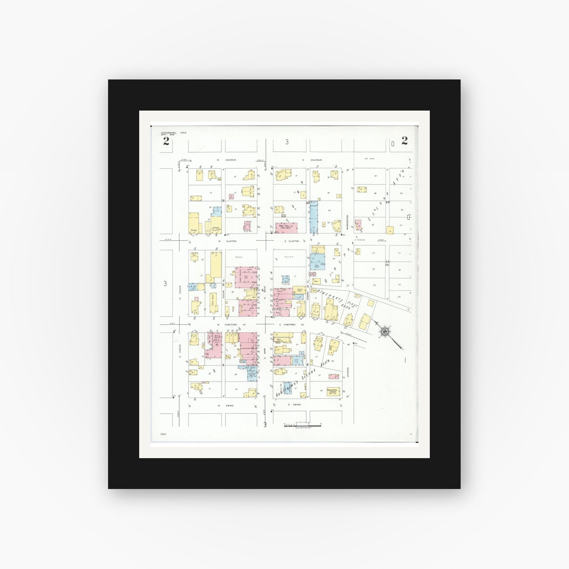 Old map wall art mockup — black gallery frame with white mat — Sanborn Fire Insurance Map from Centerburg, Knox County, Ohio (1949), Sheet #0002