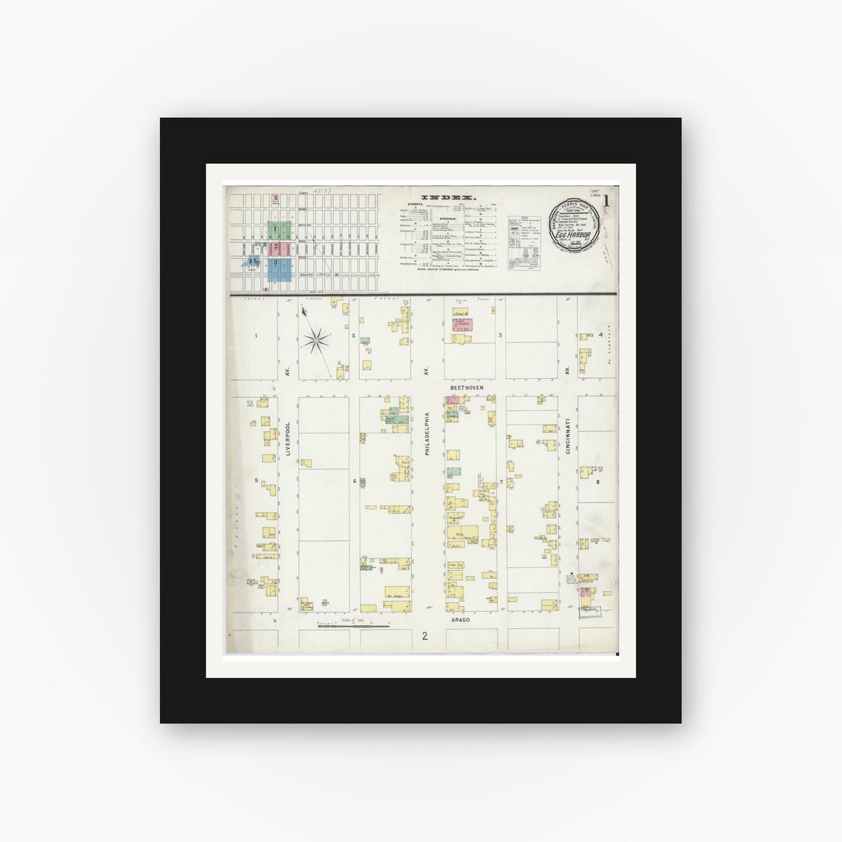 Old map wall art mockup — black gallery frame with white mat — Sanborn Fire Insurance Map from Egg Harbor City, Atlantic County, New Jersey (1896), Sheet #0001
