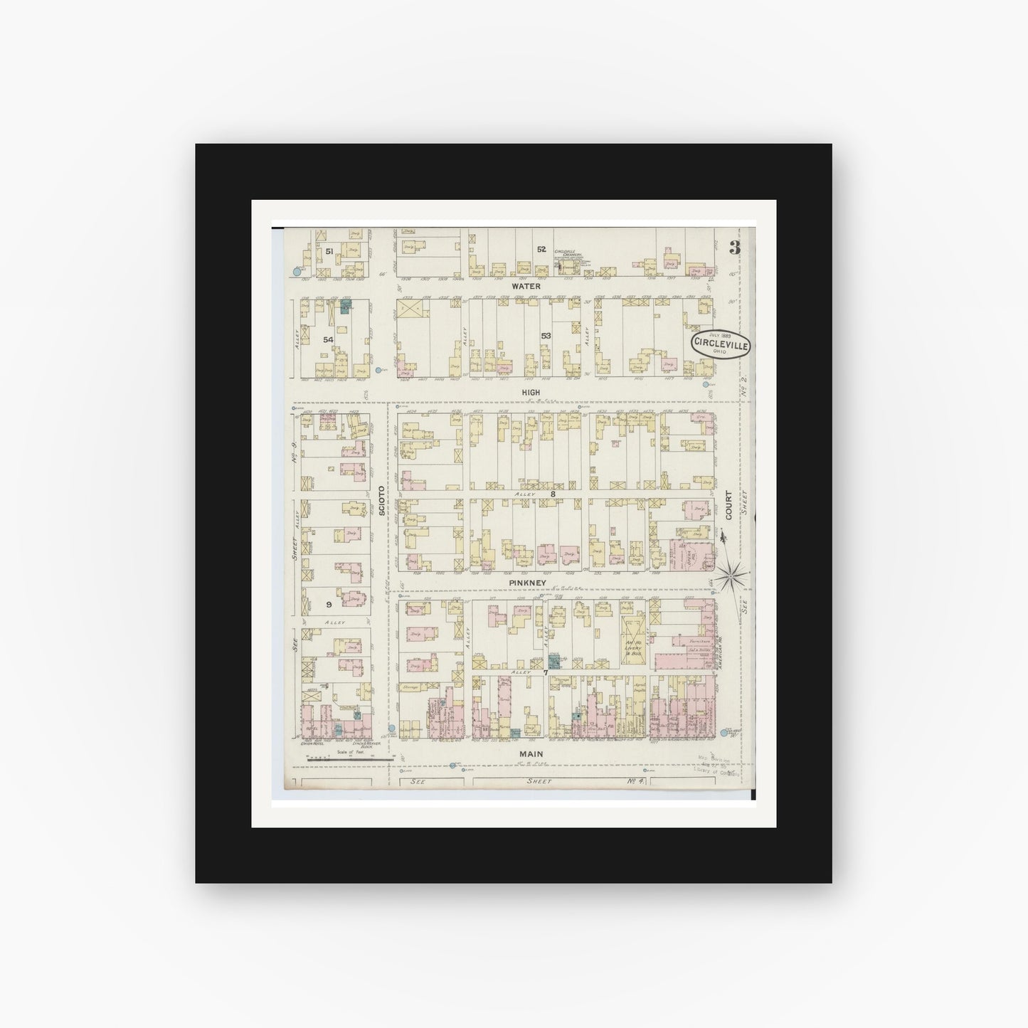 Old map wall art mockup — black gallery frame with white mat — Sanborn Fire Insurance Map from Circleville, Pickaway County, Ohio (1889), Sheet #0003