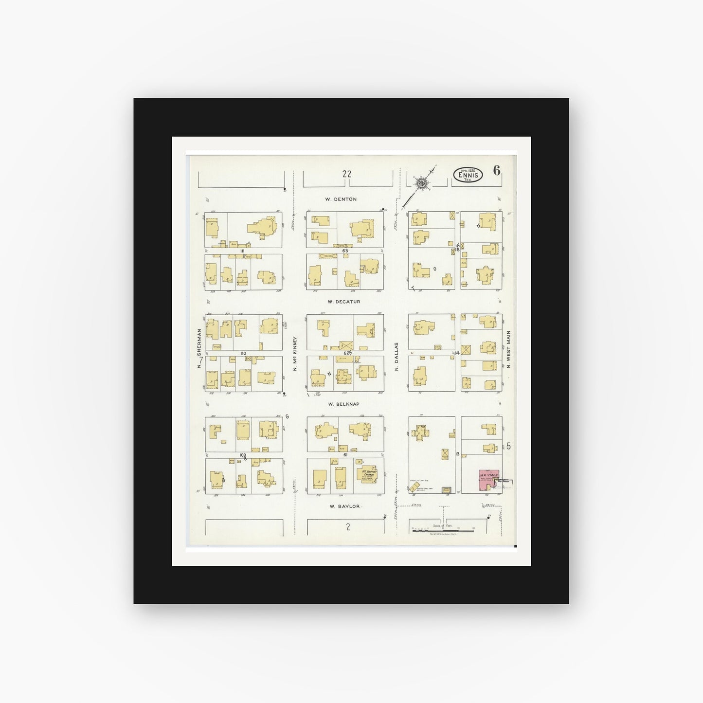 Old map wall art mockup — black gallery frame with white mat — Sanborn Fire Insurance Map from Ennis, Ellis County, Texas (1920), Sheet #0006
