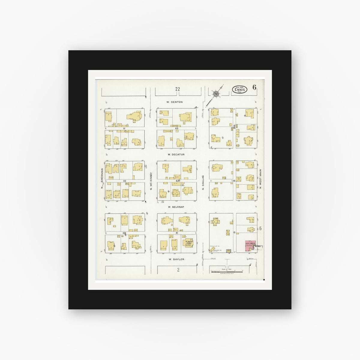 Old map wall art mockup — black gallery frame with white mat — Sanborn Fire Insurance Map from Ennis, Ellis County, Texas (1920), Sheet #0006
