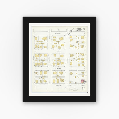 Old map wall art mockup — black gallery frame with white mat — Sanborn Fire Insurance Map from Ennis, Ellis County, Texas (1920), Sheet #0006