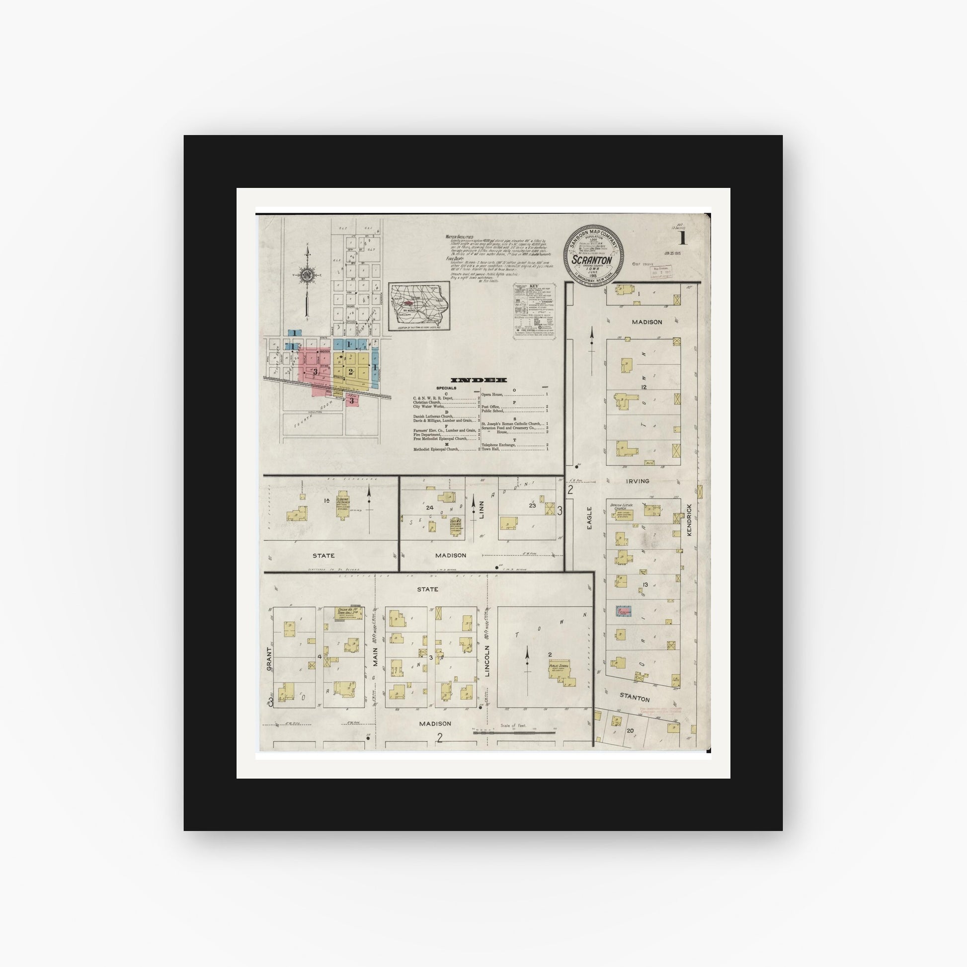 Old map wall art mockup — black gallery frame with white mat — Sanborn Fire Insurance Map from Scranton, Greene County, Iowa (1915), Sheet #0001