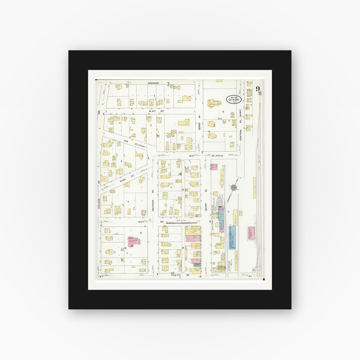 Old map wall art mockup — black gallery frame with white mat — Sanborn Fire Insurance Map from Dixon, Lee County, Illinois (1910), Sheet #0009