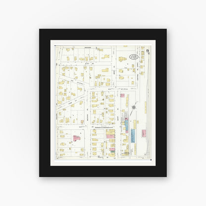 Old map wall art mockup — black gallery frame with white mat — Sanborn Fire Insurance Map from Dixon, Lee County, Illinois (1910), Sheet #0009
