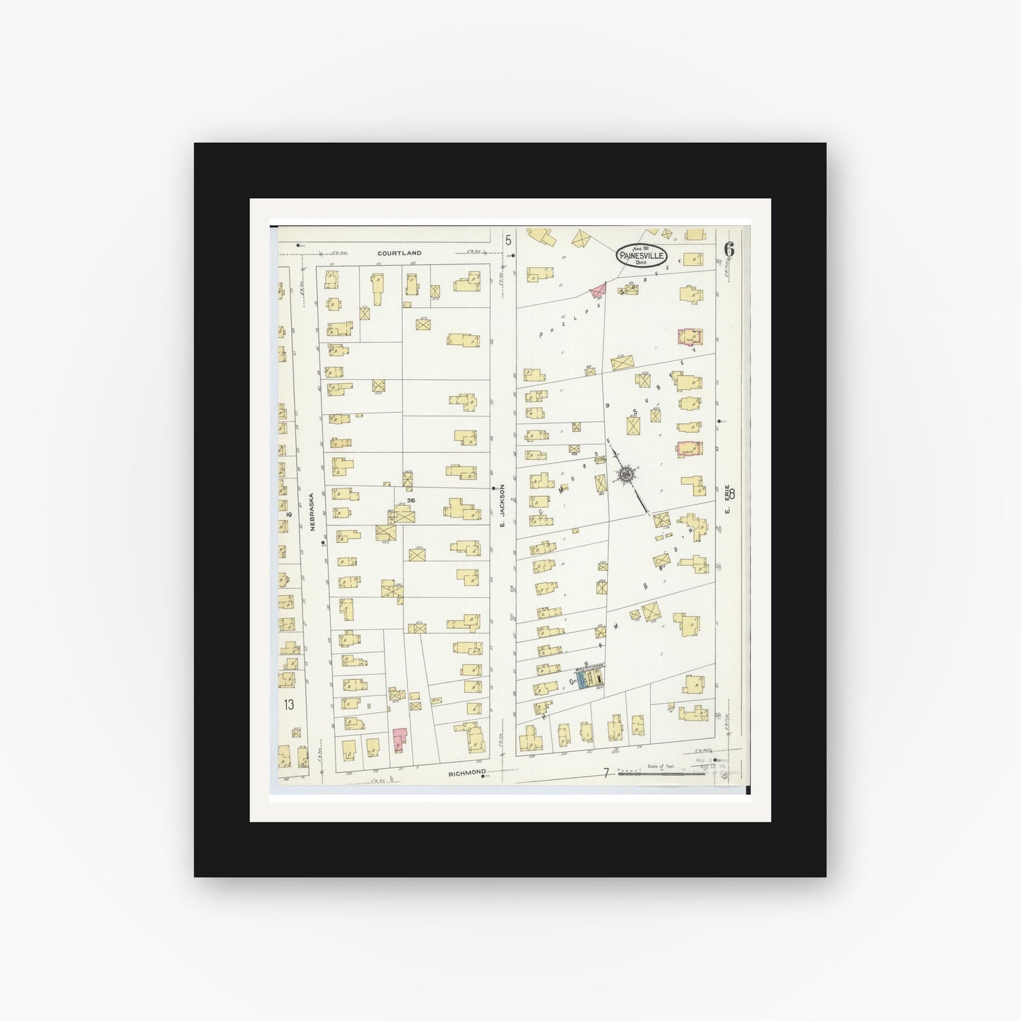 Old map wall art mockup — black gallery frame with white mat — Sanborn Fire Insurance Map from Painesville, Lake County, Ohio (1911), Sheet #0006