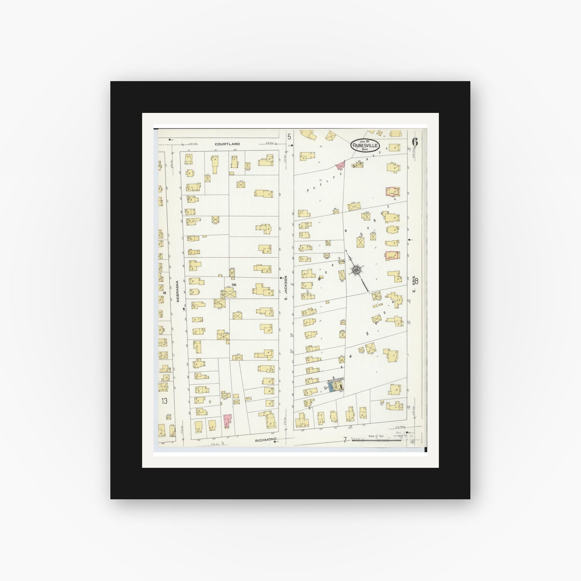Old map wall art mockup — black gallery frame with white mat — Sanborn Fire Insurance Map from Painesville, Lake County, Ohio (1911), Sheet #0006