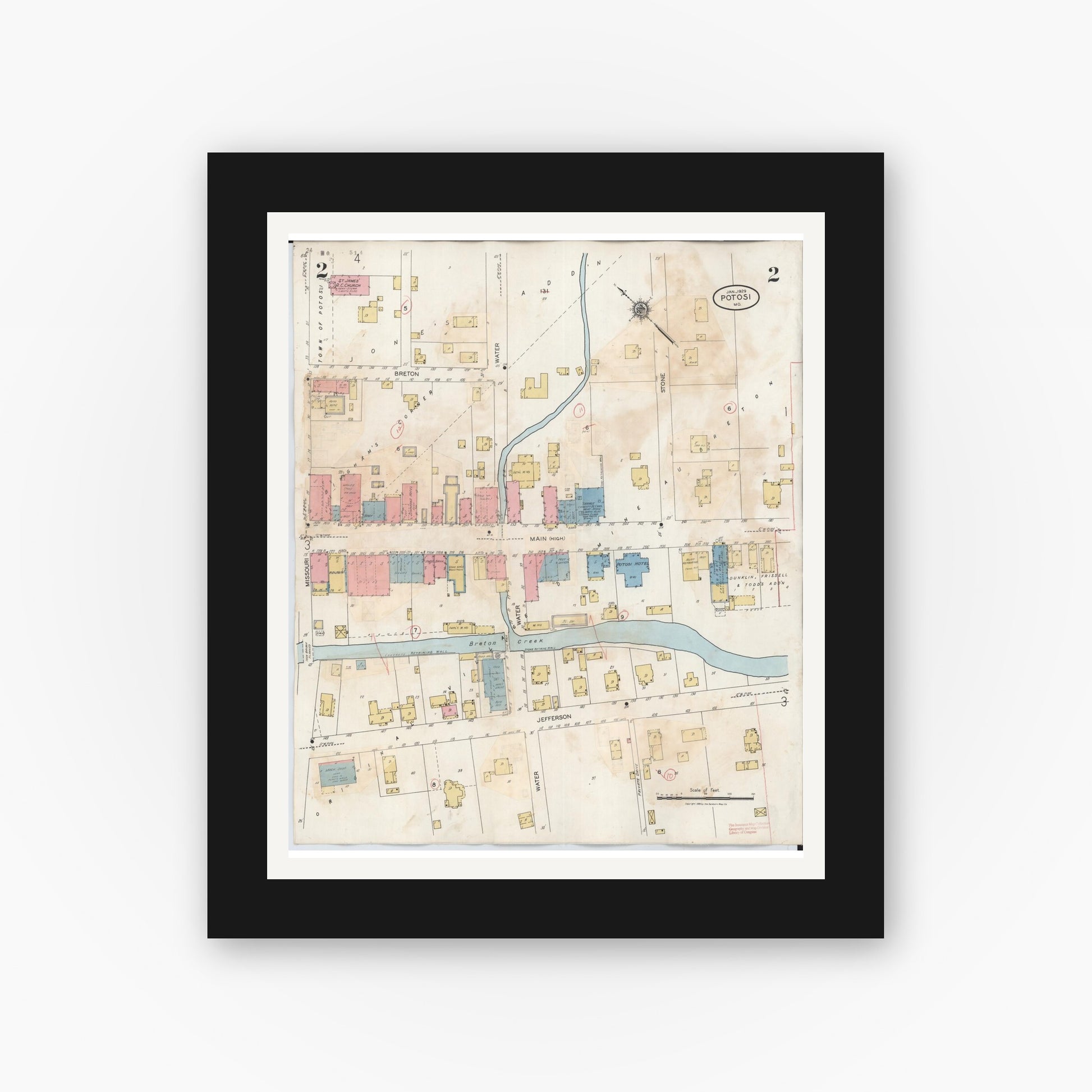 Old map wall art mockup — black gallery frame with white mat — Sanborn Fire Insurance Map from Potosi, Washngton County, Missouri (1942), Sheet #0002