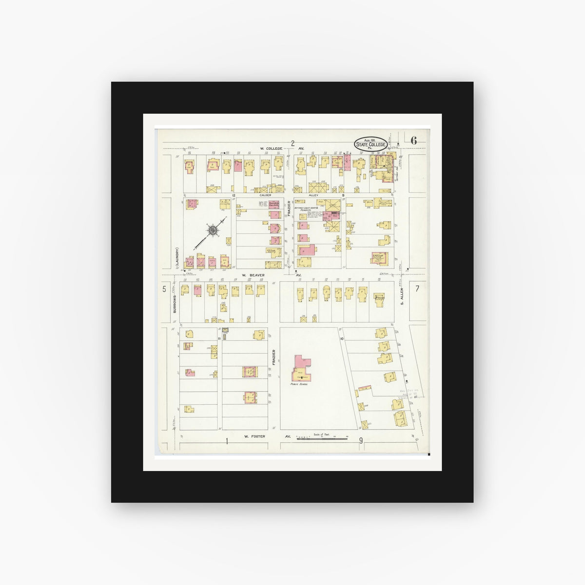 Old map wall art mockup — black gallery frame with white mat — Sanborn Fire Insurance Map from State College, Centre County, Pennsylvania (1911), Sheet #0006