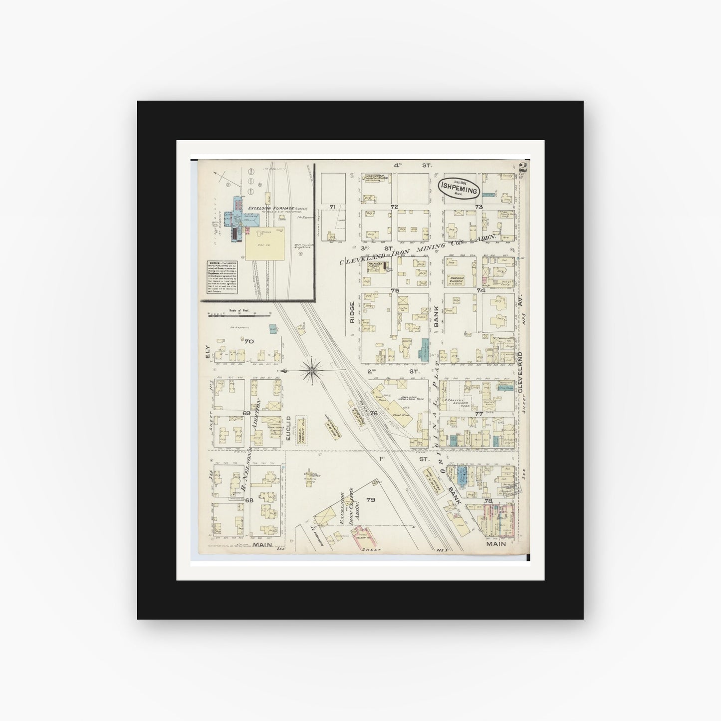 Old map wall art mockup — black gallery frame with white mat — Sanborn Fire Insurance Map from Ishpeming, Marquette County, Michigan (1884), Sheet #0002