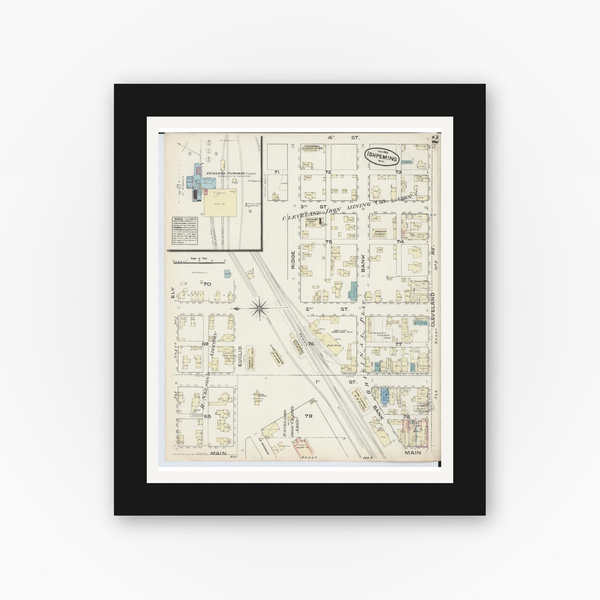 Old map wall art mockup — black gallery frame with white mat — Sanborn Fire Insurance Map from Ishpeming, Marquette County, Michigan (1884), Sheet #0002
