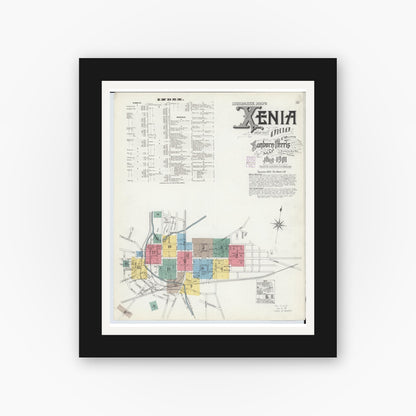 Old map wall art mockup — black gallery frame with white mat — Sanborn Fire Insurance Map from Xenia, Greene County, Ohio (1901) - Complete Map Set