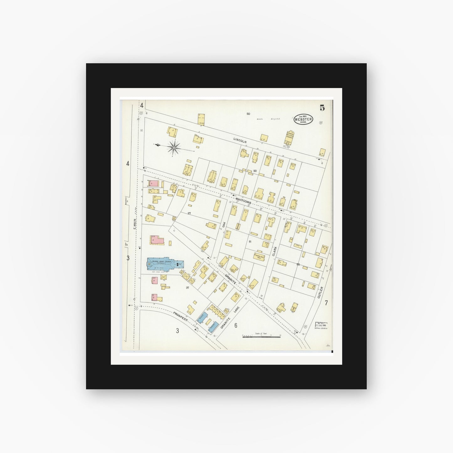 Old map wall art mockup — black gallery frame with white mat — Sanborn Fire Insurance Map from Webster, Worcester County, Massachusetts (1904), Sheet #0005