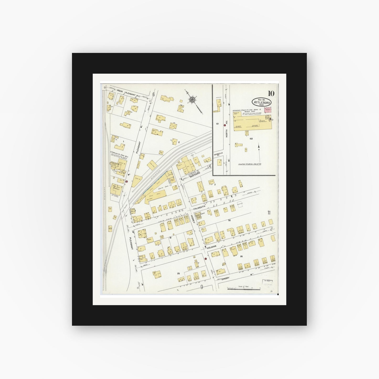 Old map wall art mockup — black gallery frame with white mat — Sanborn Fire Insurance Map from Attleboro, Bristol County, Massachusetts (1911), Sheet #0010