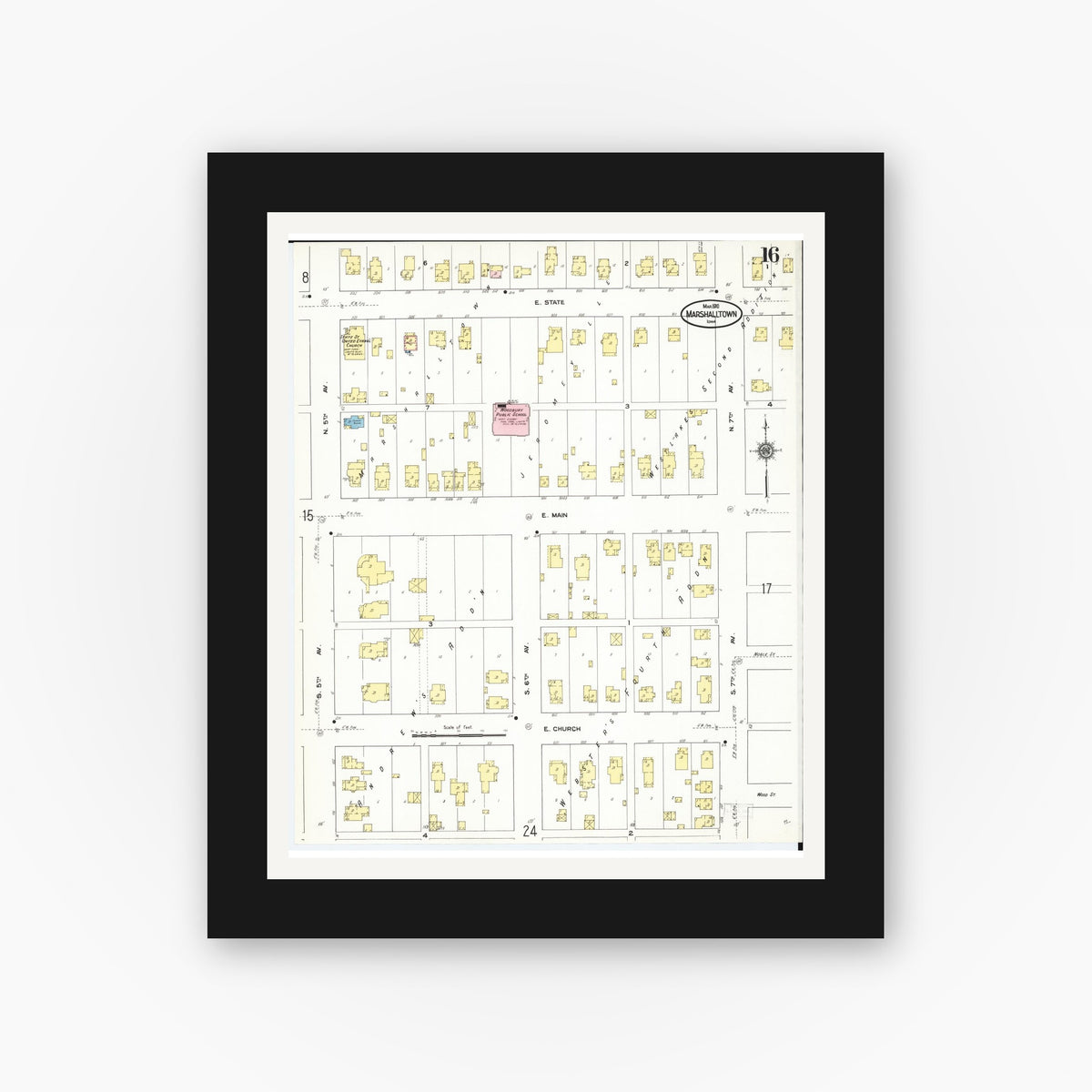 Old map wall art mockup — black gallery frame with white mat — Sanborn Fire Insurance Map from Marshalltown, Marshall County, Iowa (1910), Sheet #0016