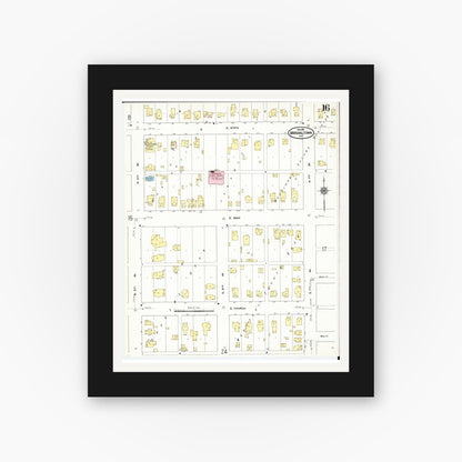 Old map wall art mockup — black gallery frame with white mat — Sanborn Fire Insurance Map from Marshalltown, Marshall County, Iowa (1910), Sheet #0016