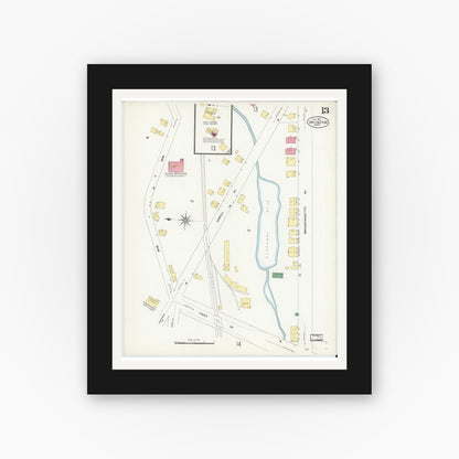 Old map wall art mockup — black gallery frame with white mat — Sanborn Fire Insurance Map from Arlington, Middlesex County, Massachusetts (1908), Sheet #0013