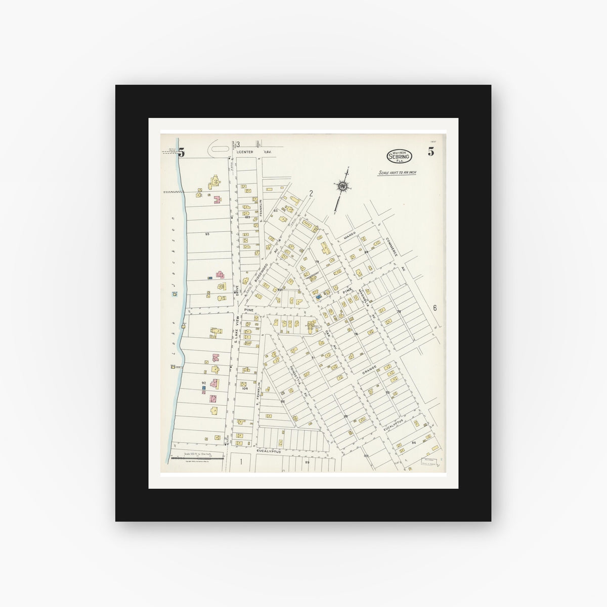 Old map wall art mockup — black gallery frame with white mat — Sanborn Fire Insurance Map from Sebring, Highlands County, Florida (1924), Sheet #0005
