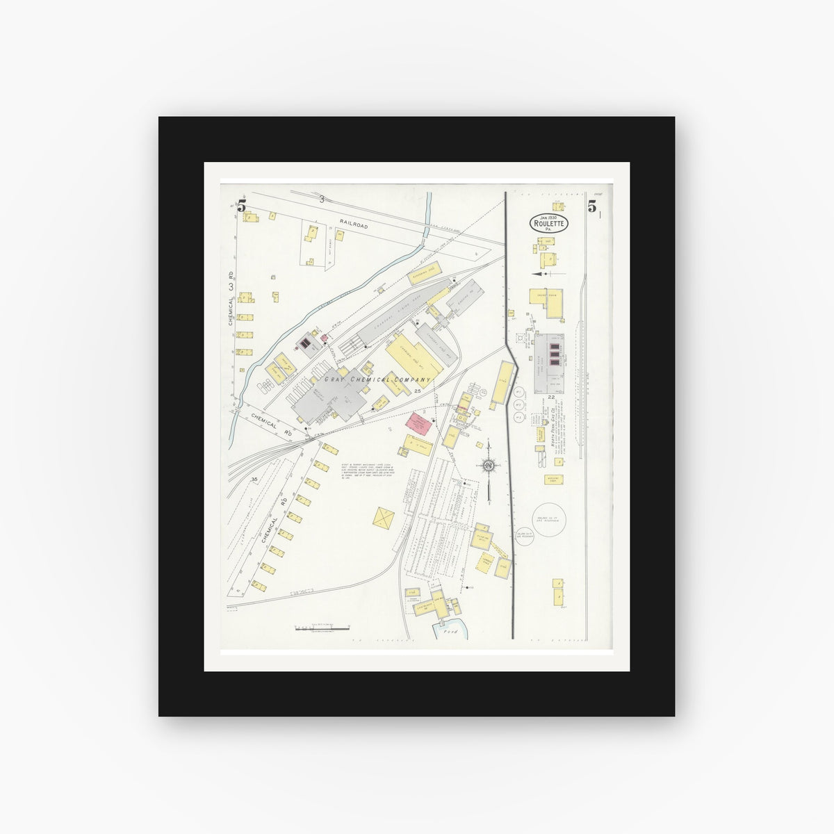 Old map wall art mockup — black gallery frame with white mat — Sanborn Fire Insurance Map from Roulette, Potter County, Pennsylvania (1930), Sheet #0005
